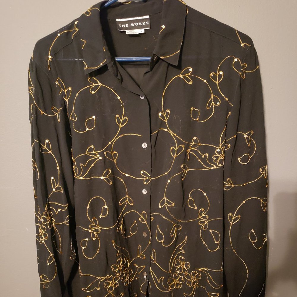 VINTAGE 1980S SAKS 5TH AVE THE WORKS 100% SILK BLACK GOLD EMBROIDERED SHIRT